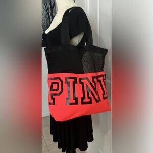 Victorias Secret PINK Tote Bag/Pool Bag Bright Orange Black Mesh Dual Handle